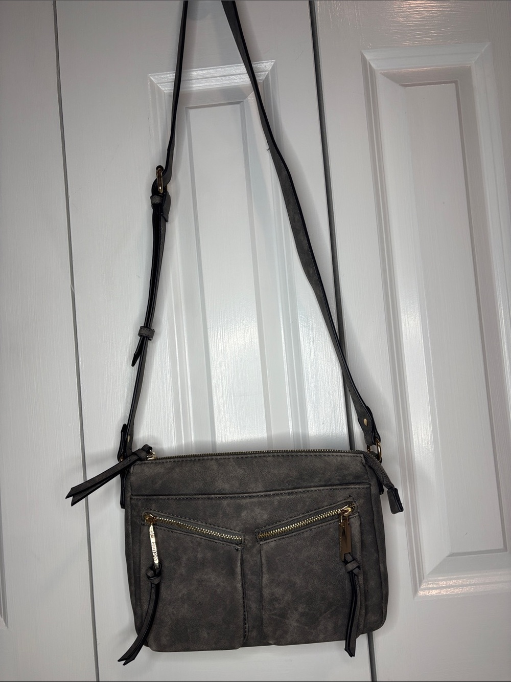 Gray Leather Crossbody Bag with Front Zip Pockets